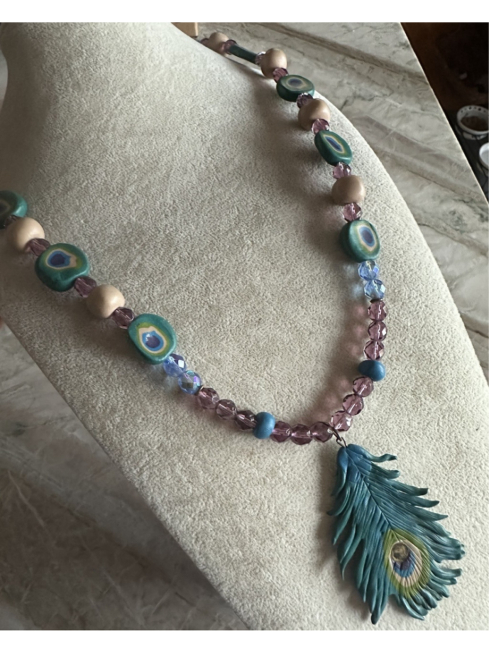Hand Sculpted Acrylic Bead Mixed Media Peacock Feather Colorful Necklace